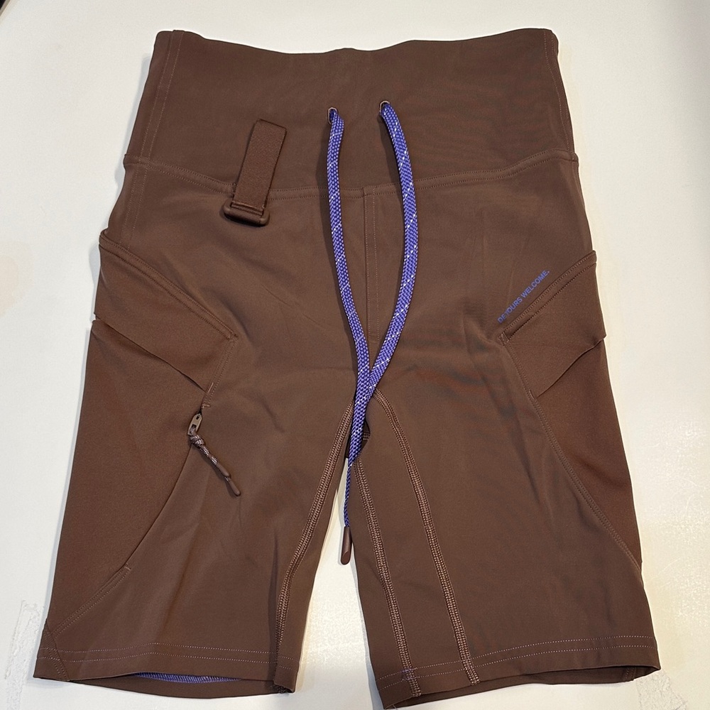 Brown lemon biker Shorts with Purple Accents